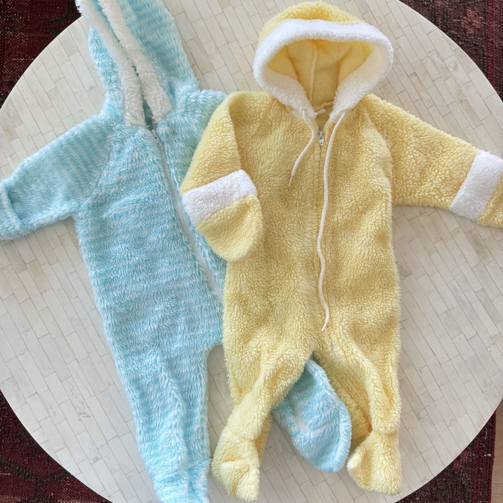 Vintage 70s 80s Baby Hooded Pram Blue Yellow White Stripe 0-3 Lot Zipper Footies